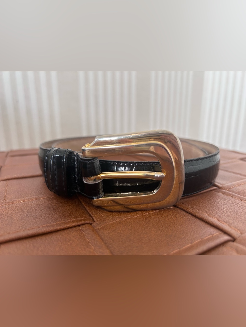 Vintage PHOEBE Glossy Black Croc Embossed Belt Italian Calfskin Women’s Size M